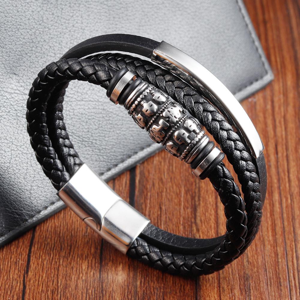 Black Leather Rope Cowhide Men's Double-layer Genuine Leather Woven Bracelet Handmade Multi-layer Leather Bracelet