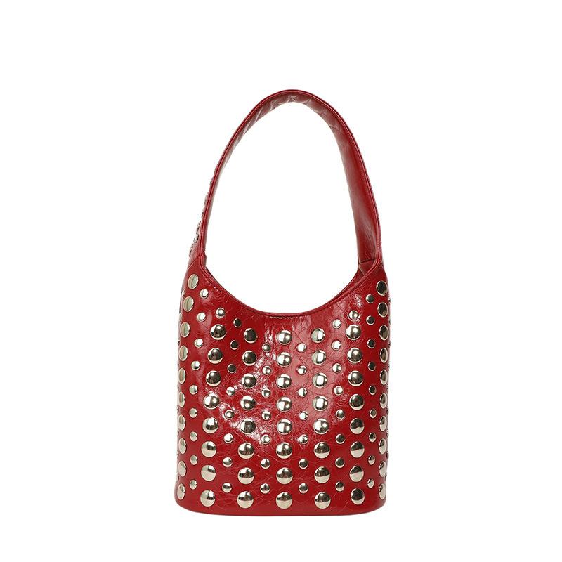 2025bags studded women's bag European and American vintage fashion shoulder bag ins new hand-held embroidery bucket bag