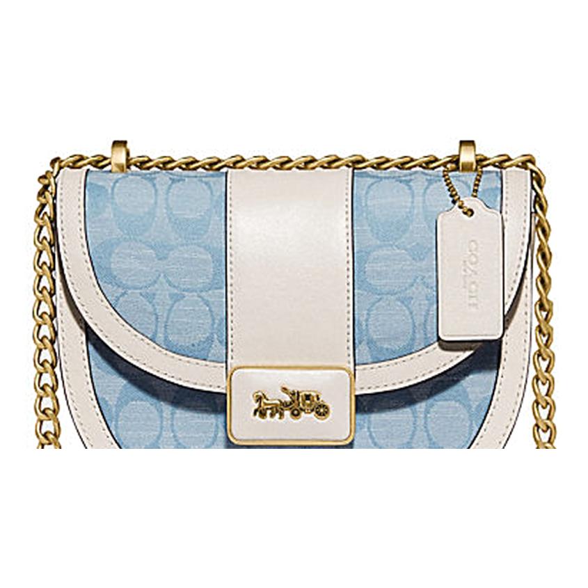 Coach Alie 21 Monogram Color Block Chain Chambray Canvas Print Leather And Fabric Saddle Bag Crossbody Small Women saddle bag C4694-B4SUX