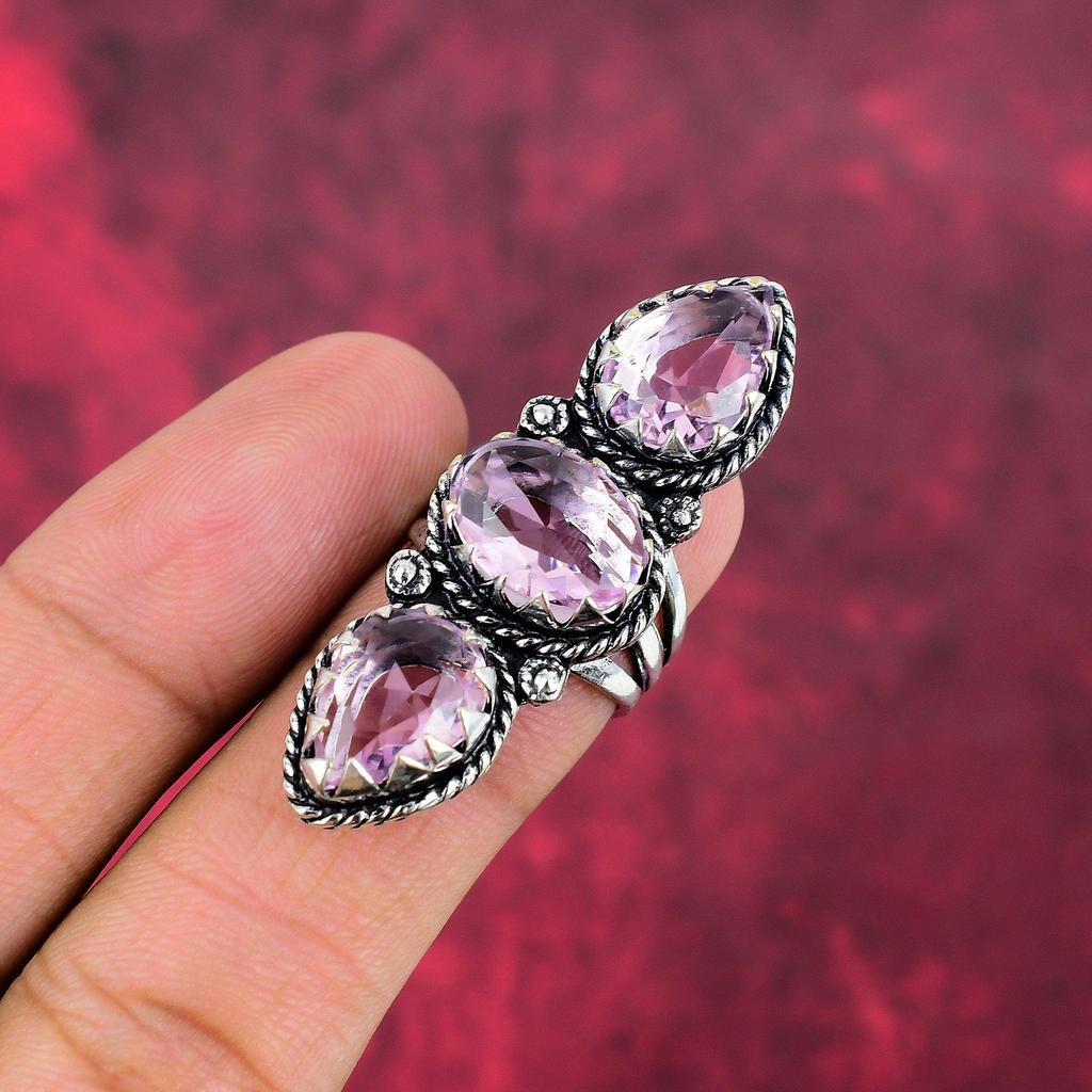 Pink Kunzite Gemstone Ring, 925 Sterling Silver Jewelry Adjustable Ring, Handmade Antique Jewelry Gift For Mother