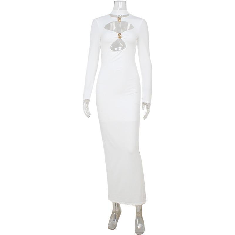 Women Hollow Out Solid Color Slim Fit Long Sleeve High Waist Bodycon Long Dress