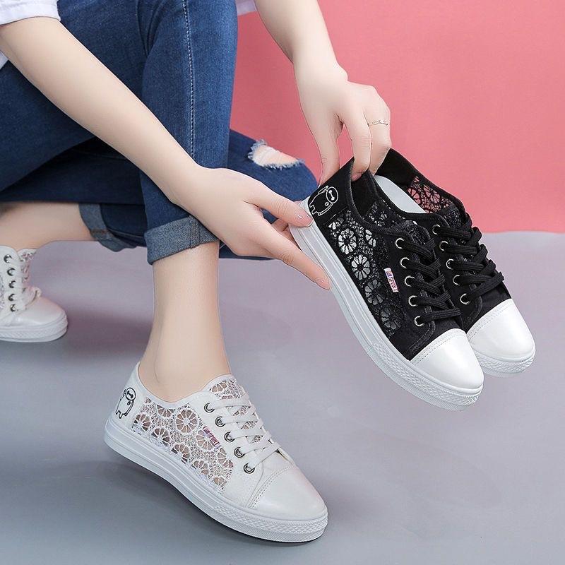 Fashion Women Shoes Fashion Summer Casual White Shoes Plus Size Cutouts Lace Canvas Shoes Hollow Mesh Breathable Flats Woman Sneakers