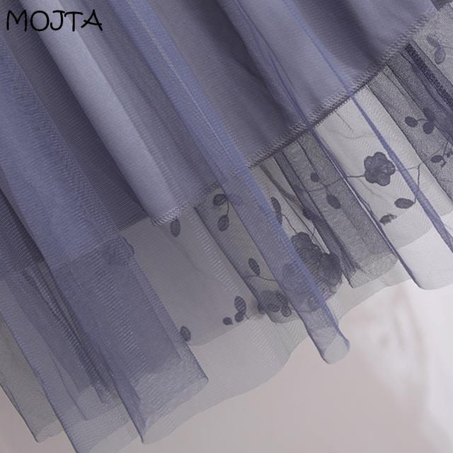 Herfst Winter Dames Hoge Taille Casual Lange Rok Kleding Mesh Kralen Mid-kuit Rokken Vrouw Lange Rokken Voor Dames