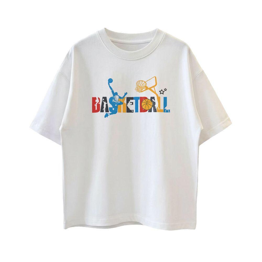 100% Pure Cotton Boys' Summer Basketball Print Short Sleeve T-Shirt - Loose Fit White Sport Top