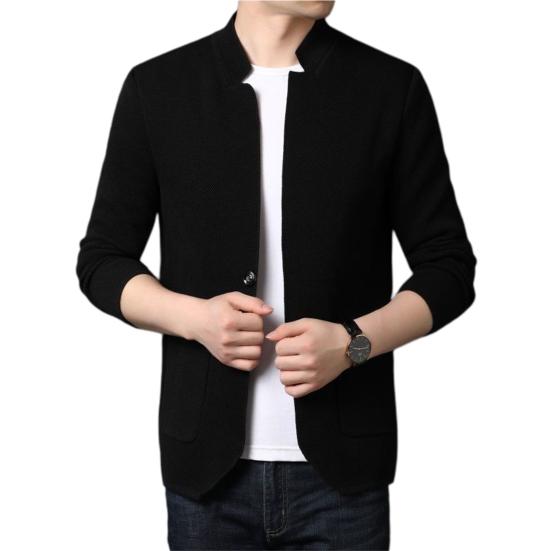 Stehkragen Langarm Taschen Einreihig Gestrickte Jacke Herren Frühling Herbst Einfarbig Büro Blazer Mantel Männliche Kleidung