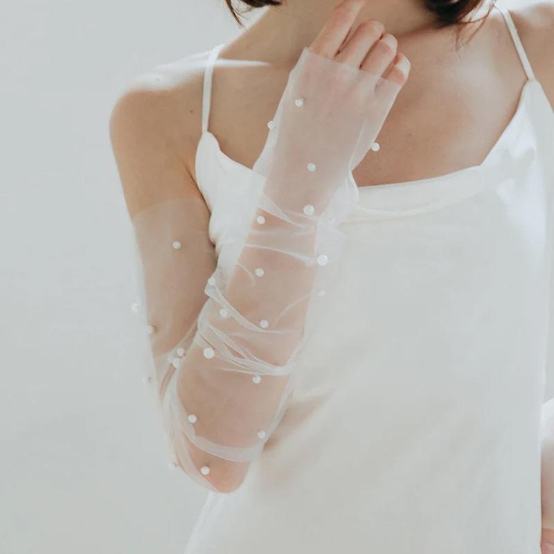 Elegant Mesh Pearl Long Fingerless Tulle Gloves Brides Thin Transparent Detachable Arm Sleeves Wedding Dress Decorative Accessor