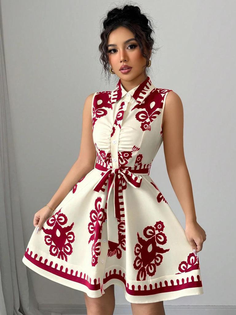 European & American Women's Summer 2025 Sleeveless Lace-up Waist-cinching Printed Dress