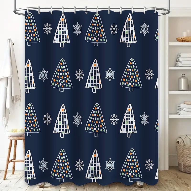 Christmas Tree Shower Curtain Festive Decor for Bathroom, Navy Blue with Snowflakes Lights Waterproof Fabric Set of 1 (27 x 84)