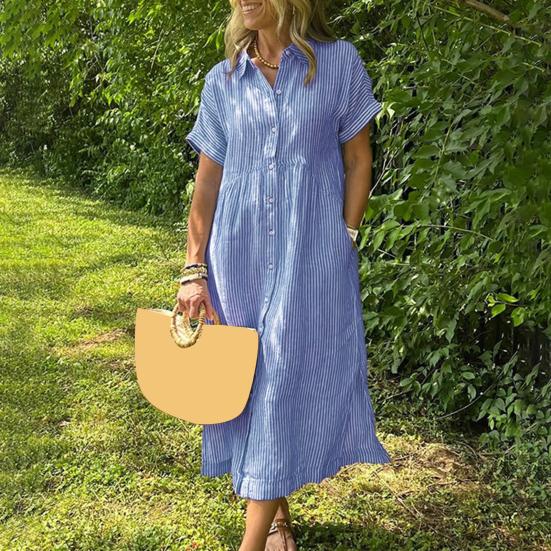 Striped Lapel Button Down Shirt Dress with Pockets Summer Casual Short Sleeve A-line Long
