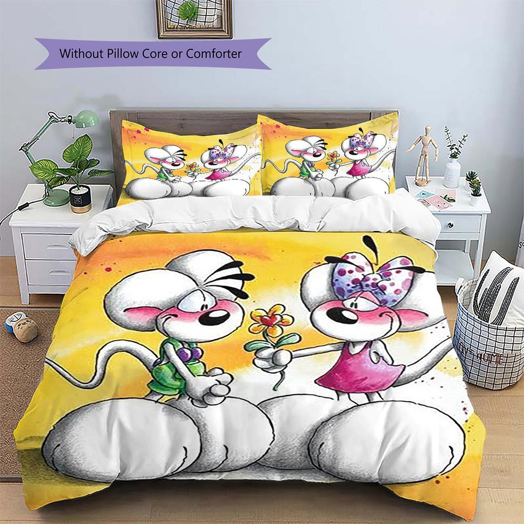 Diddl Pattern Bedding,Quilt Set Quilt Cover Pillowcase Home Birthday Gift (1 * Duvet Cover + 2 * Pillowcase, Without Core)