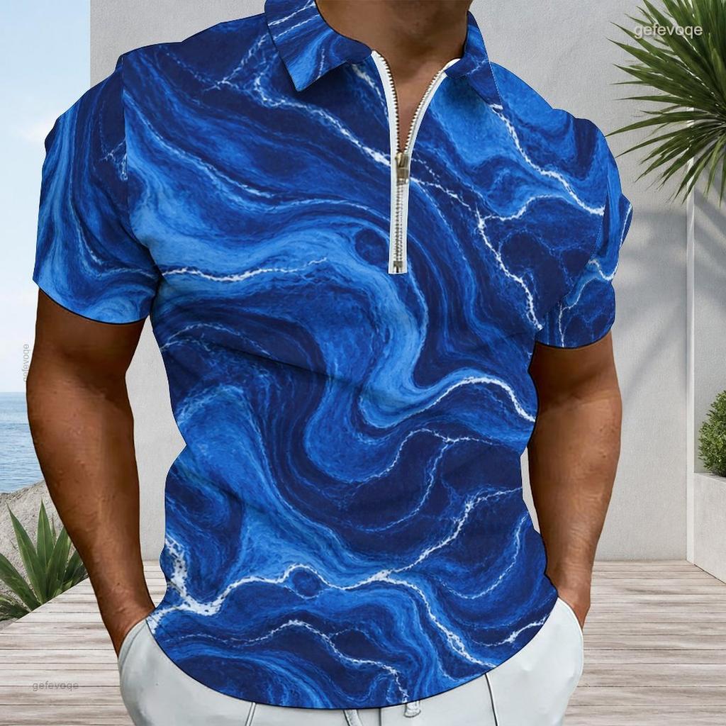 Men s Plus Size Short Sleeve Collared Quarter Zip Polo Shirt Marble Print Blue Brown White