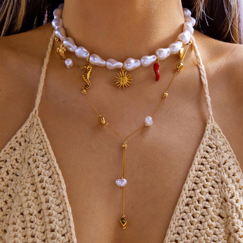 Bohemian Baroque Irregular Imitation Pearl Necklace For Women Ocean Starfish Seahorse Turtle Sun Coral Choker Beach Jewelry
