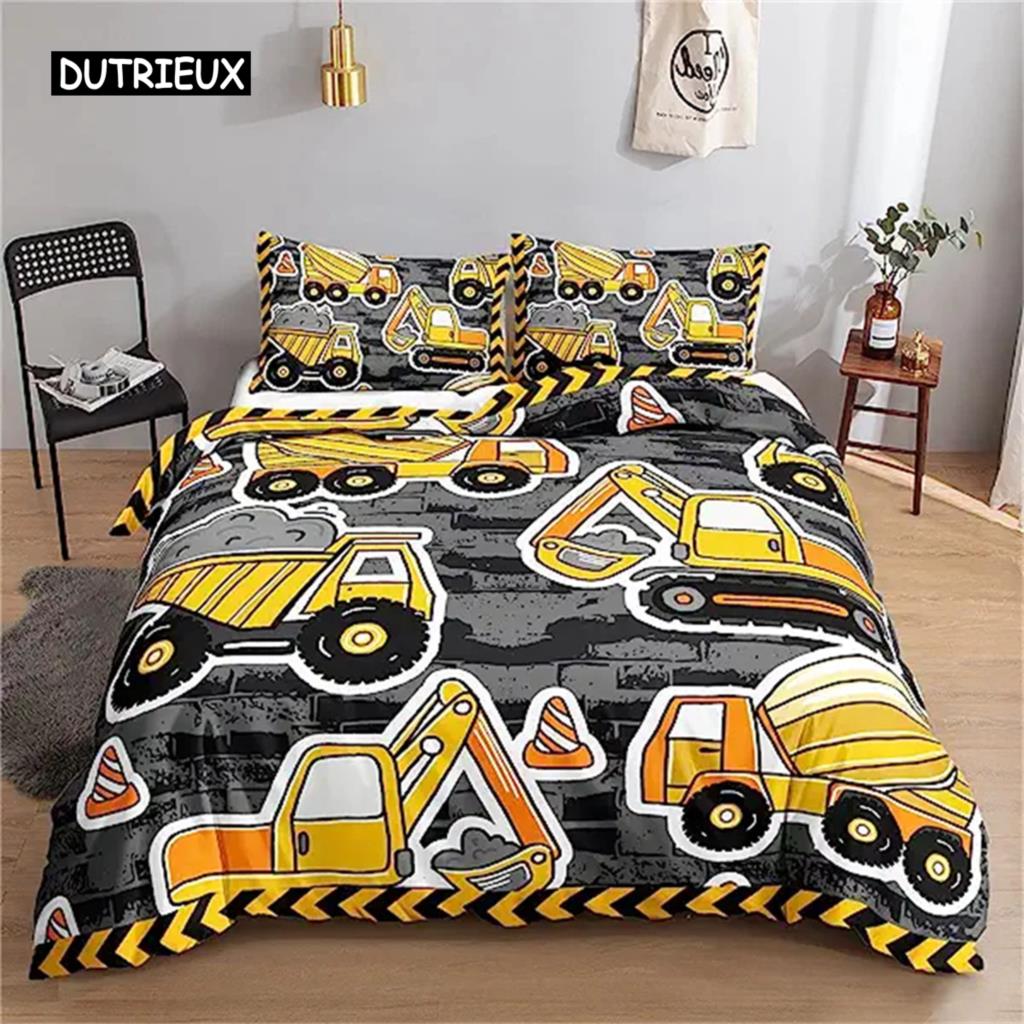 Bettbezug mit Cartoon-Motiv, Bagger, Traktor, King-Size-Bettbezug, Cartoon-Bau-LKW-Bettwäsche-Sets, Fahrzeug für Kinderzimmer-Dekor