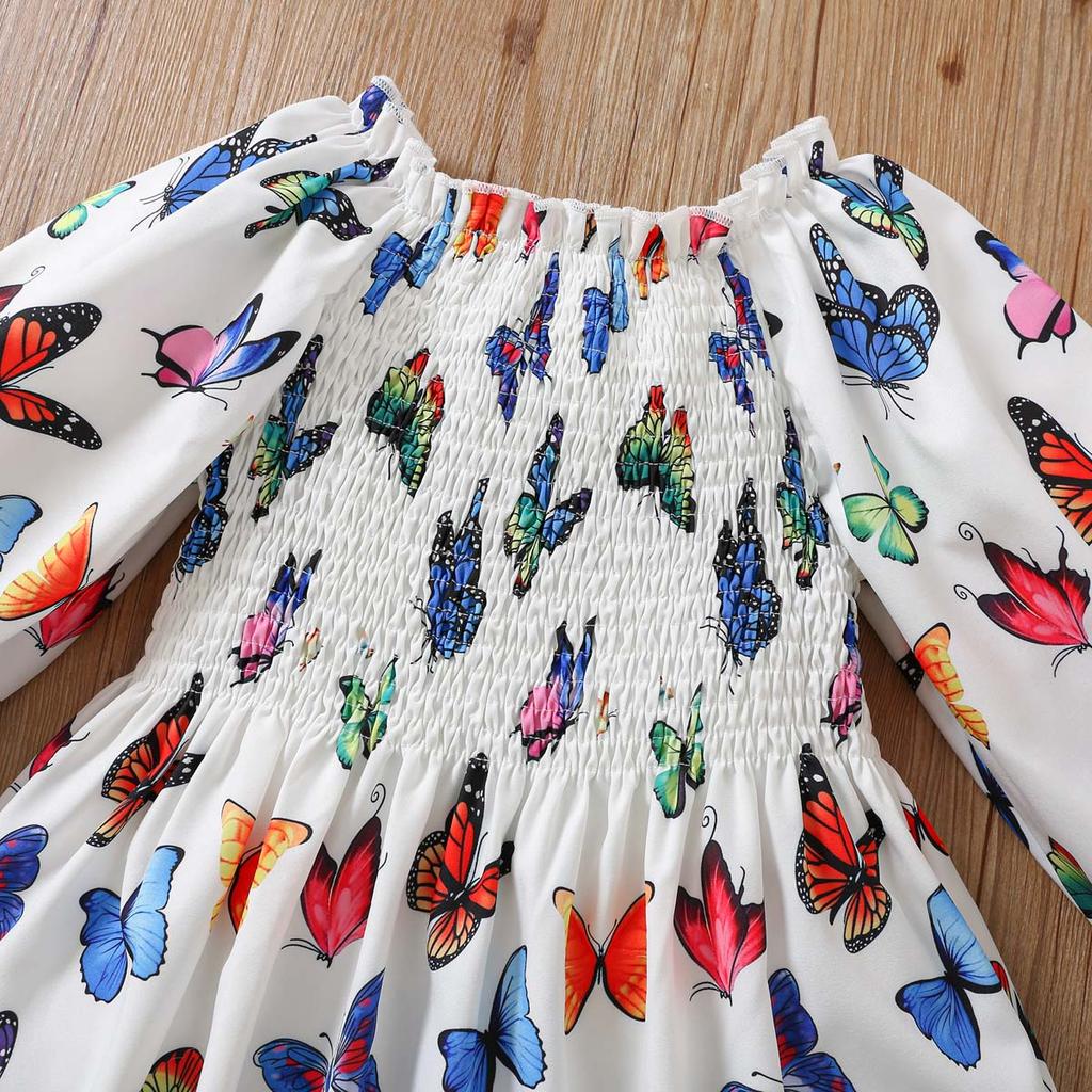 Mädchenkleid Sommer Schmetterlingsdruck A-Linien-Kleid für Kinder Mode Süßes Mädchenkleid Schmetterlingsdruck Langarm Gummizug in der Taille