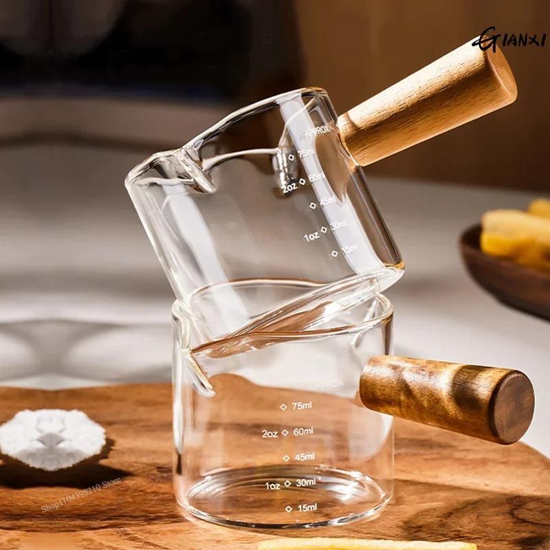 1pc Glass Measuring Cup Wood Handle Glass Espresso Measuring Cup Double Single Mouth Milk Coffee Clear Mug Coffee Supplies