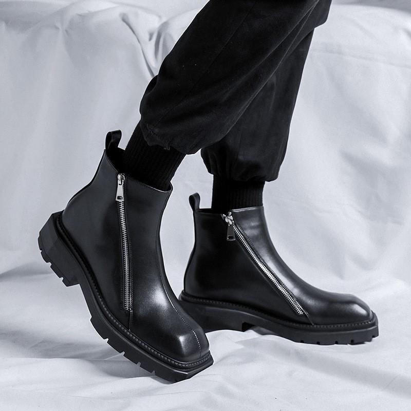 Chelsea Boots Square Toe Leather Shoes Black Ankle Boots Double Side Zipper Motorcycle Boots Stivaletti Bota De Tornozelo C1177