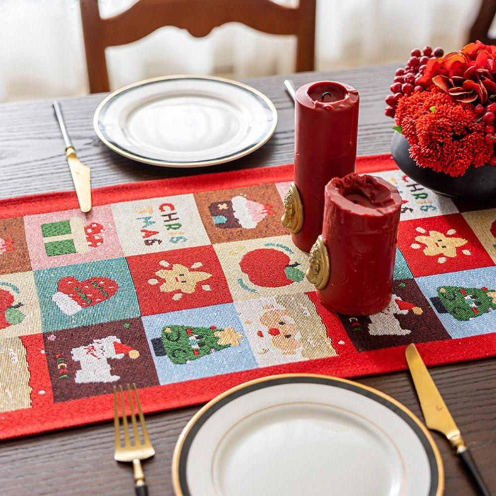 Polyester Christmas Table Runner Cartoon Pattern Snowflake Pattern Table Flag Santa Claus Pattern Multi-Color Tassel