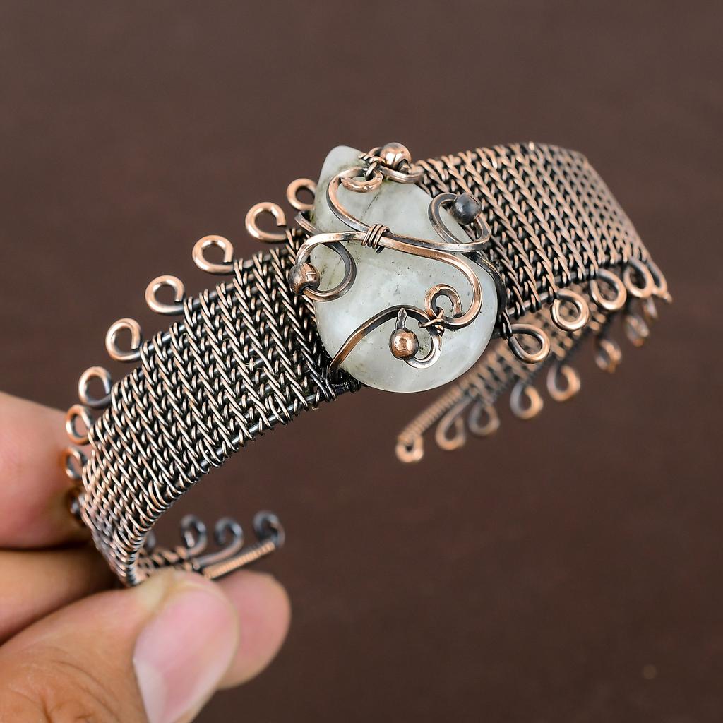 Natural Rainbow Moonstone Handmade Copper Wire Wrap Bangle Adjustable E5i26