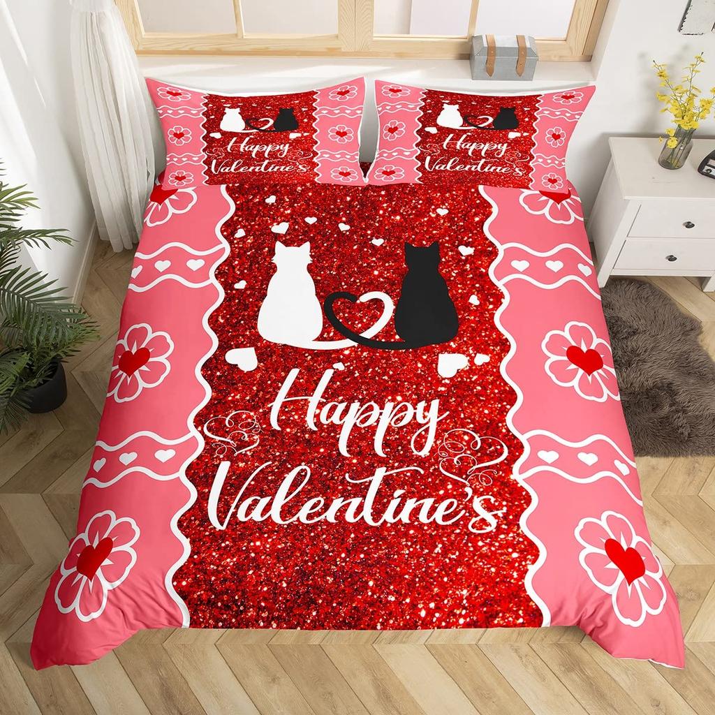 Rotes Liebesherz Bettbezug-Set Romantisches Thema Bettdeckenbezug Valentinstagsgeschenk King Queen Double Twin Größe Mit Kissenbezug