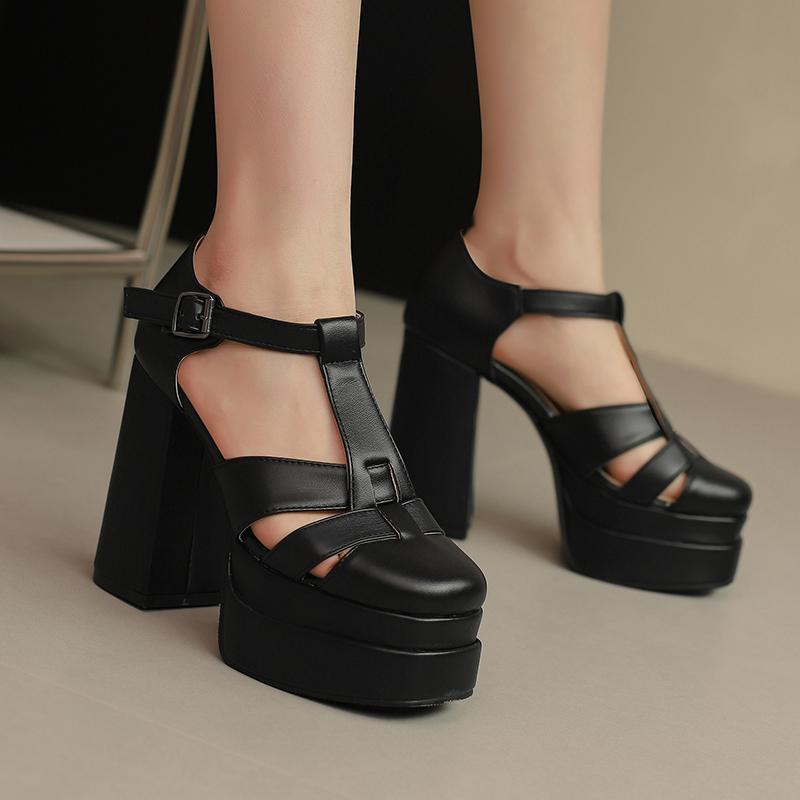 Comfortable Platform Women's Sandals Heels Chunky Closed Toe Leather Plus Size 15 T Strap Hollow Out Pumps Shoes