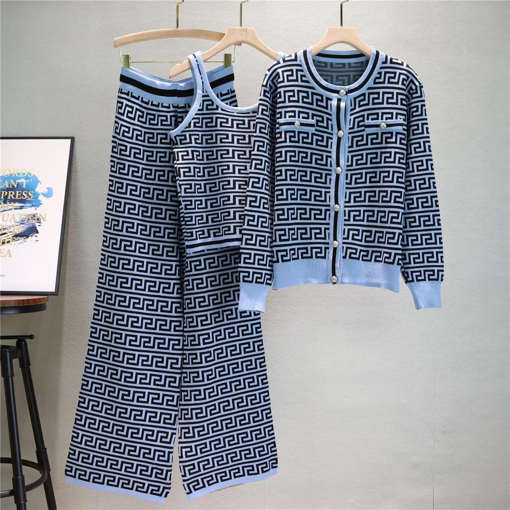 Women's Autumn/Winter Jacquard Knit Cardigan, Vest, and Wide-Leg Pants Set