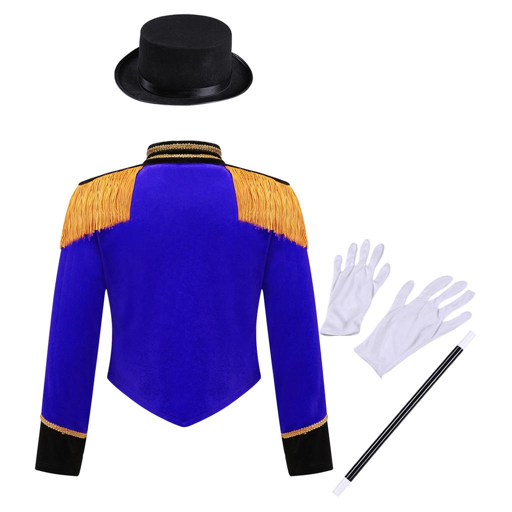 Kids Ringmaster Costume Set Long Sleeve Stand Collar Tassel Shoulder Button Jacket Hat Magic Gloves Halloween Performance