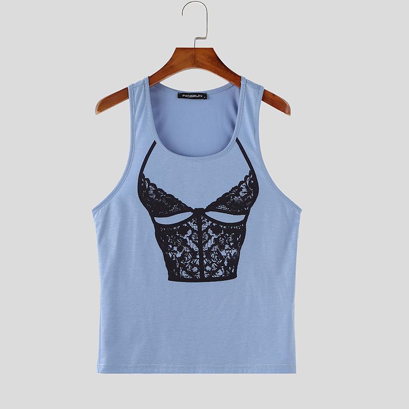 

INCERUN Summer Men U Neck Sleeveless Print Casual Fitted Tank Tops 3XL синий