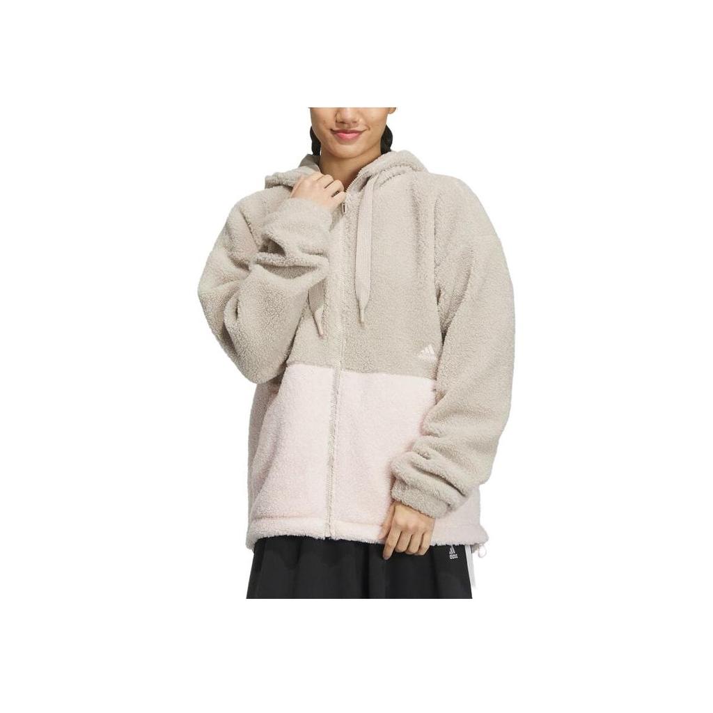 adidas Color Block Loose Fit Zip Up Hooded Drawstring Fleece Jacket Women Jackets Beige IK9863