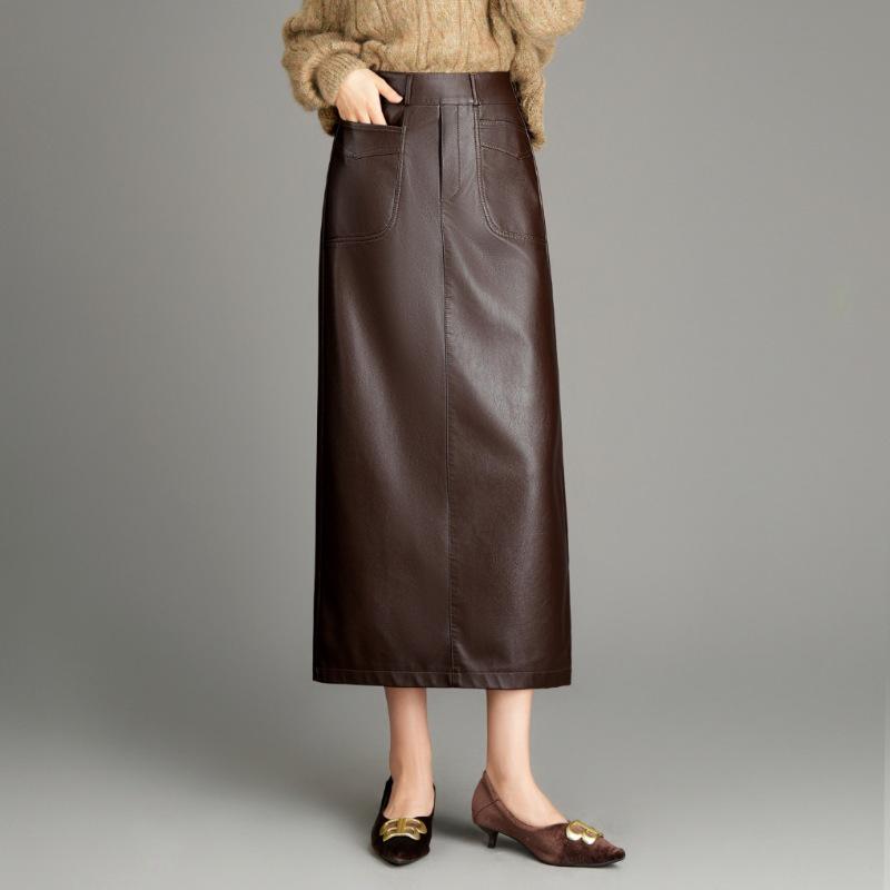 Elegant Women's Genuine Leather Slit Skirt - High-End Autumn/Winter Fashion