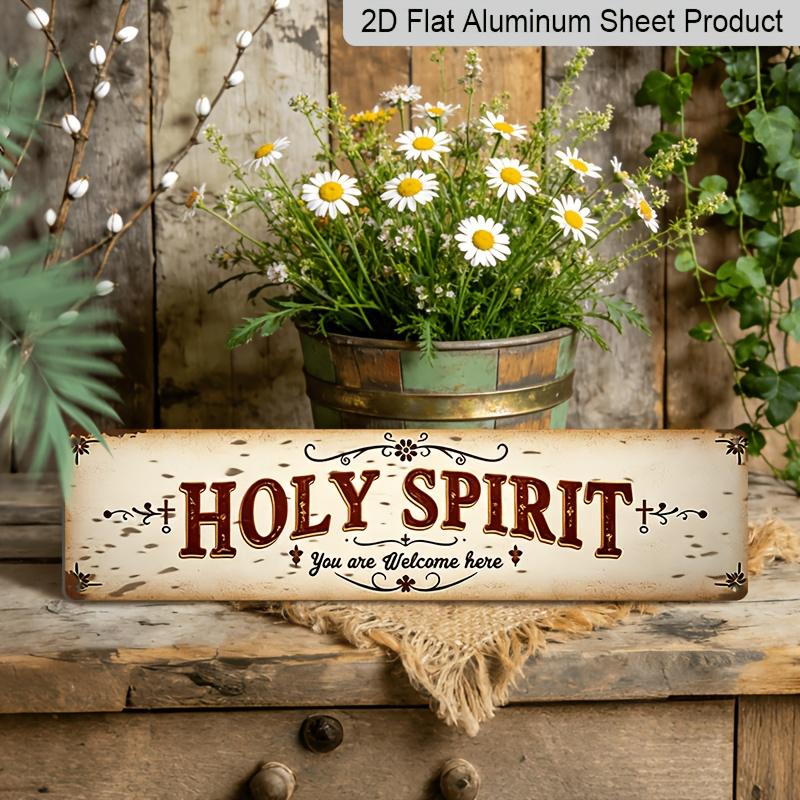 2D Flat, 1pc Large 15.7×3.94 Inch Holy Spirit Welcome Sign - Rustic Vintage Metal Wall Art with Holy Spirit Lettering & Cursive Welcome Message