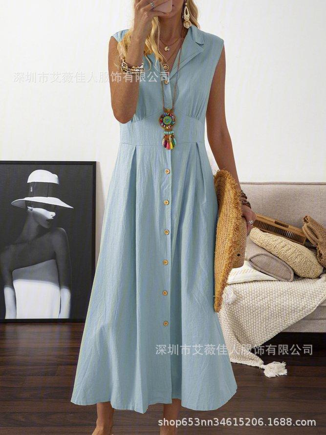 Women's long dress, suit collar, solid color button-down sleeveless swing dress