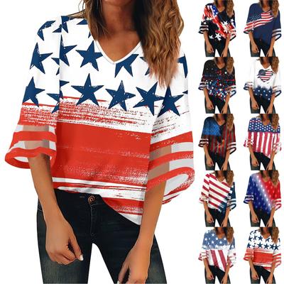 Koszula damska Bluzka Casual Luźne koszule Koronka Rękaw 3/4 Wykończenia Nadruk z Dniem Niepodległości Bluzki z dekoltem w serek Bluzki z nadrukiem Koszulki T-shirt