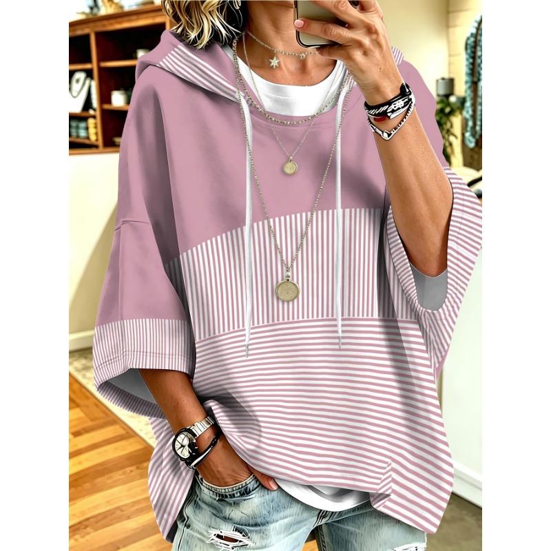 Women's Casual Hooded Sweatshirt in Light Blue Solid Color with Blue and White Thin Stripe Print Patchwork, a Relaxed Style Casual Top