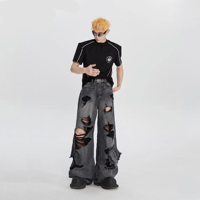 New vibe ripped wide-leg jeans for men 2026, washed and distressed straight-leg floor-length pants