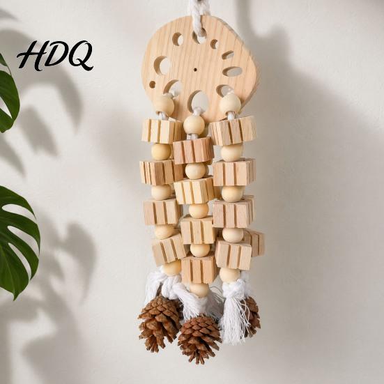 Parrot Boredom Relief Toy Wooden Blocks Toy Bird Chew with Beads Pinecones Safe Natural Chewing for Parrots Beak Grinding Cage Accessory Macaws