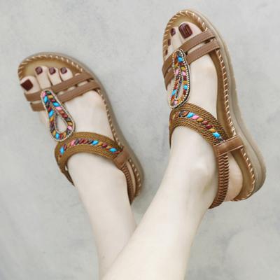 Boho Women Sandals Dressy Summer Comfortable Arch Support Flat Shoes Elastic Ankle Strap Holiday Beach Sandal Bohemian Flip Flop