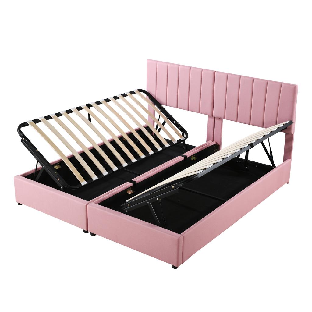 Upholstered Bed 180x200 cm, Hydraulic Storage Bed, Skin-Friendly Linen High Box Bed, Multifunctional Double Bed, Pink