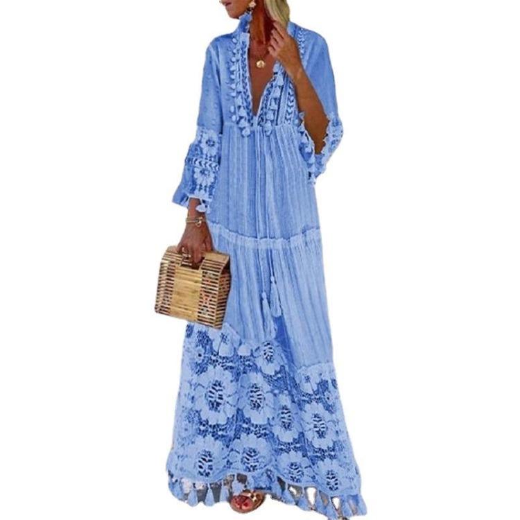 Spring Summer Long Dress Boho Lace Tassel Splicing