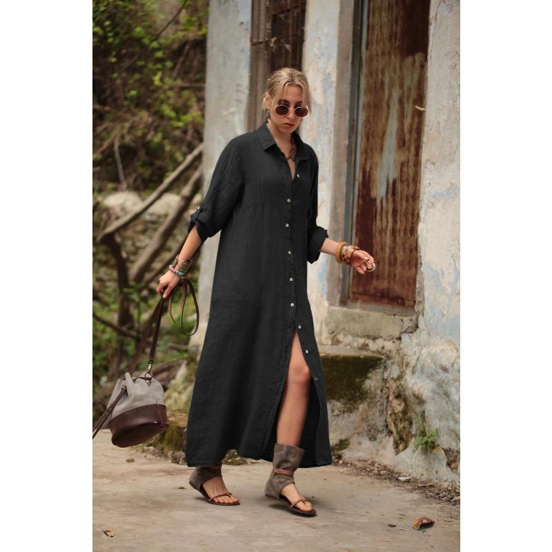 BITCED Fashion Autumn Winter POLO Neck Long Sleeve Solid Color Print Casual Dresses S