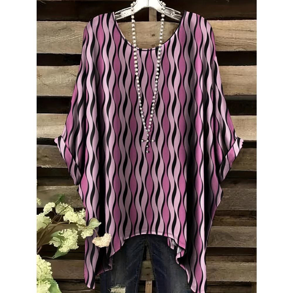 Minimalist Striped Pattern Print Irregular Hem Round Neck Short Sleeved Top for Women Temperment Casual Style Outdoor Vacation