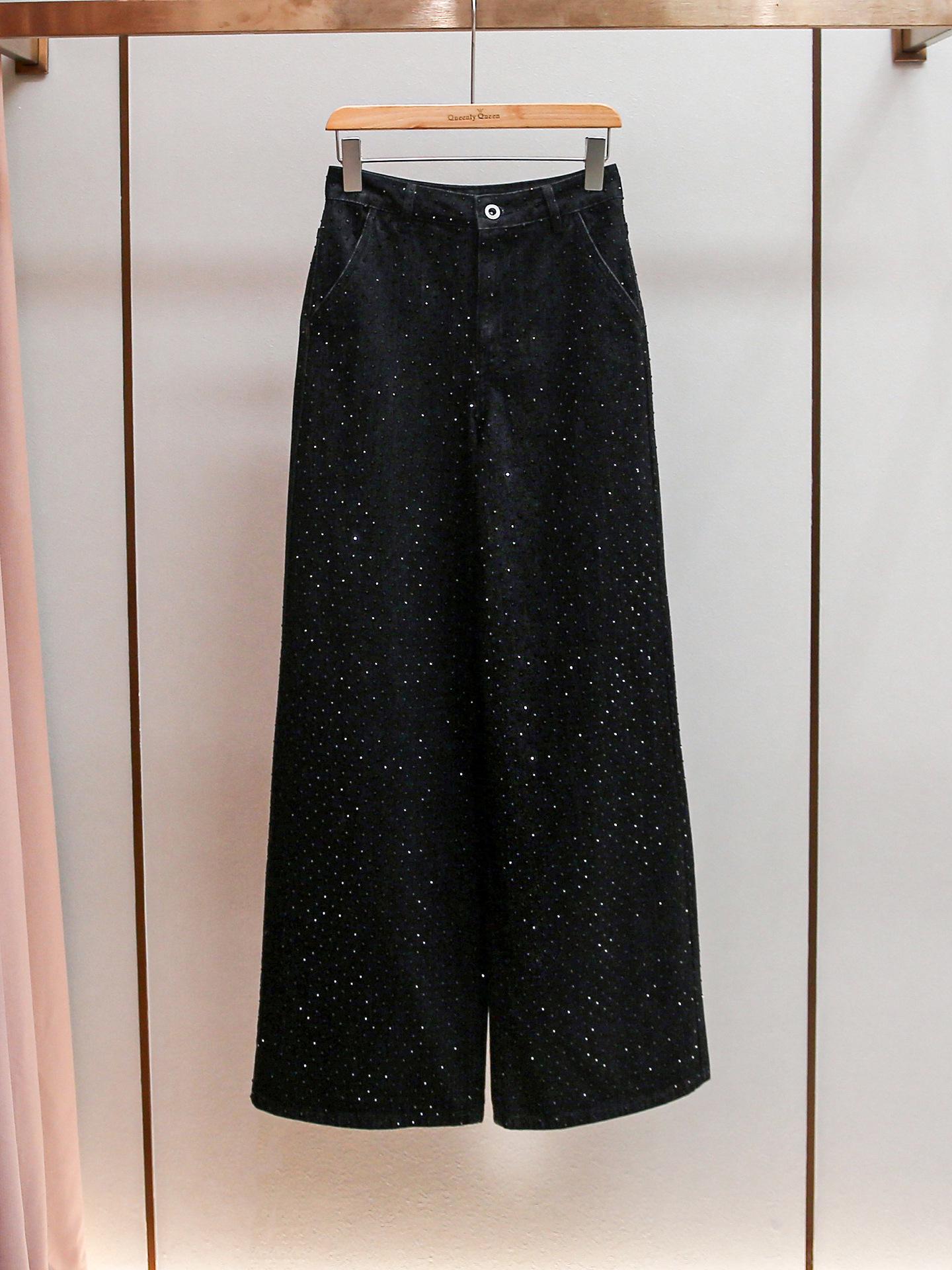 

SP House Retro French High-End Wide-Leg Jeans with Elegant Hot Drilling Detail Small