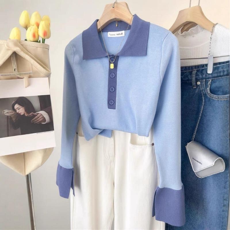 Polo Lapel Sweater Bottoming Shirt Women's Autumn and Winter Senior Sense Slim and Thin Knitted Sweater Contrasting Color Inner Top
