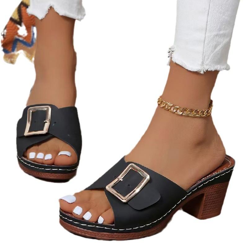 Fashion Women Slippers 2025 Summer New Fashion Soft Platform Shoes Ladies Chunky Heels Buckle Designer Slippers
