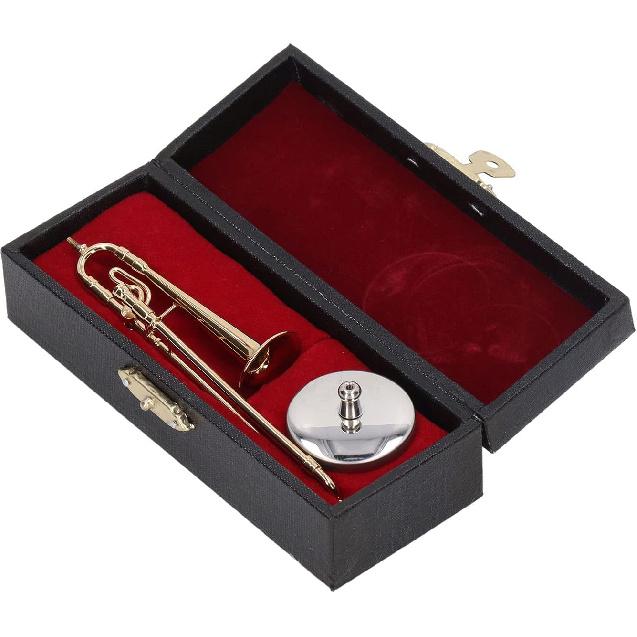 Copper Miniature Trombone with Stand and Case - Mini Musical Instrument Dollhouse Accessory
