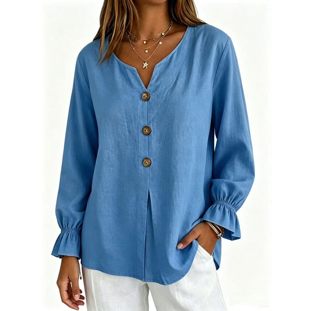 Women Button Long Sleeve Linen Cotton Blouse Casual Loose Fit Lightweight Breathable Top with Elastic Cuffs and Front Button Closure