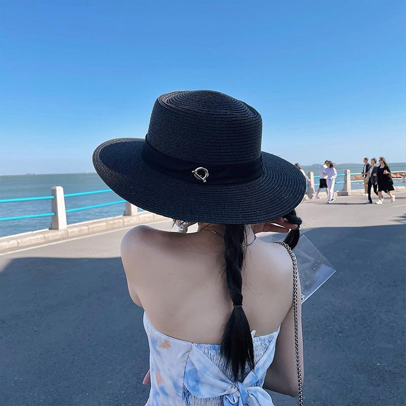 Hat Women's Fashion Elegant Big Eaves Pearl Straw Hat Women's Summer Travel Sunscreen Sun Hat British Top Hat