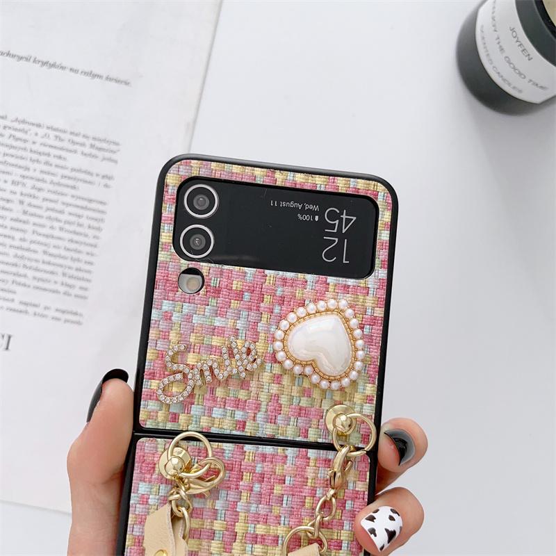 Luksus vintage vevd mønsterveske for Samsung Galaxy Z Flip 5 4 Z Flip 3 Square Pearl PU Brace Lanyard Cover for Samsung Galaxy Z Fold 5 3 Z fold 4
