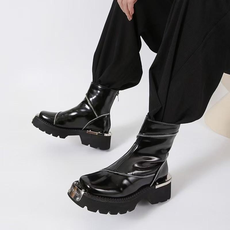 

Женские зимние ботинки на платформе с ботильонами, роскошные туфли с квадратным носком и средним каблуком, кожаные плюшевые туфли, зима 2025, трендовый дизайнер, новые готические ботинки Mujer 40