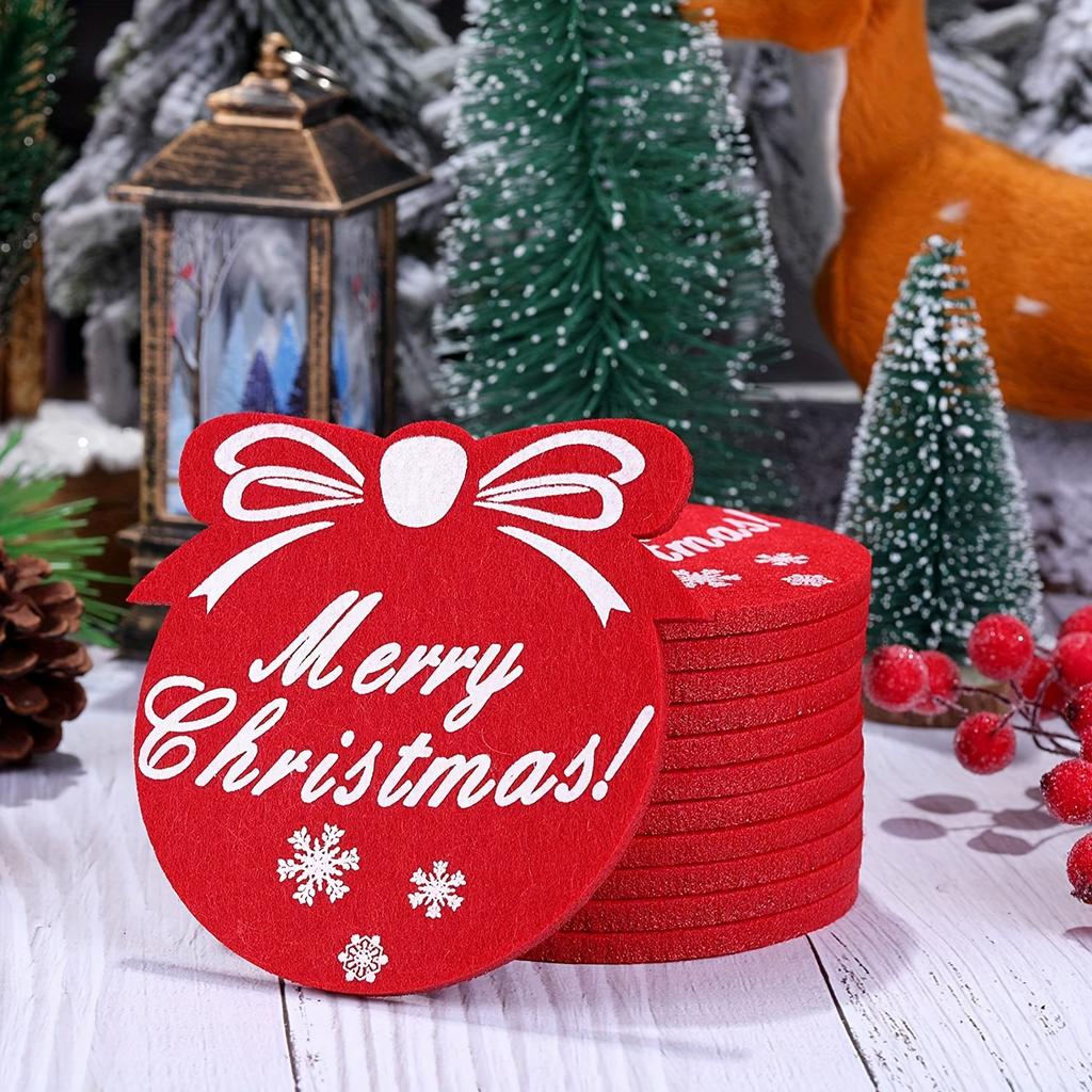 10pcs Festive Red Felt Coasters with Snowflake Design, Absorbent Christmas Coasters, Suitable for Holiday Drink Decoration