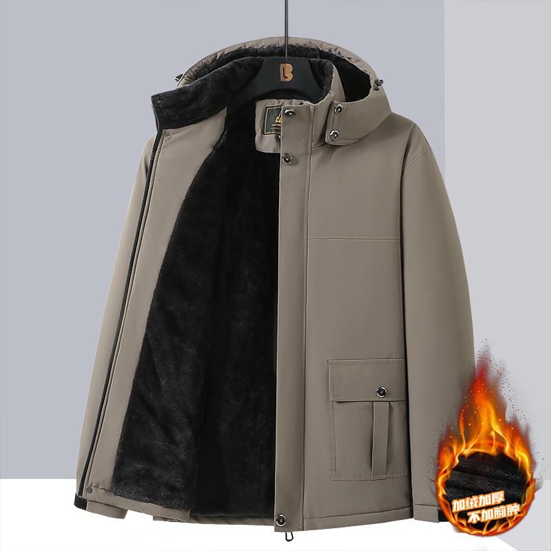 Men Hooded Fleece Lined Thick Jacket Solid Color Casual Outdoor Winter Coat
